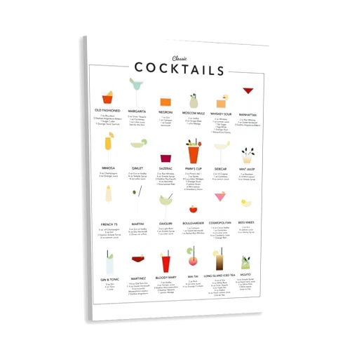 MjZephrion Cocktail Mixology Canvas Wall Art Print Cocktails Guide Poster - 24 Classic Cocktail Recipes for Kitchen and Home Bar Wall Art Decor 8x12in Framed