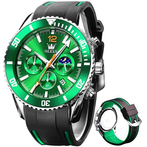 OLEVS Stylish Wrist Watch for Men,Silicone Strap Men Watches,Pro Diver Stainless Steel Chronograph Watch,Waterproof Date Dress Watch for Man,Large Face Male Watch