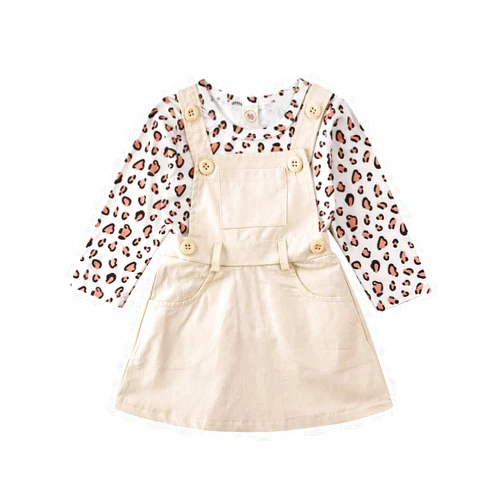 Belitazzly Kids Floral Pinafore Outfit Toddler Baby Girl Long Sleeve Ruffle Shirt Skirt Casual Clothe Set 0-4T (Beige, 18-24m)