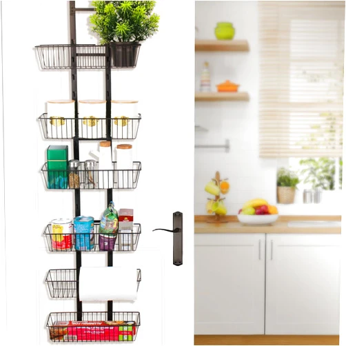 Homezelle Over The Door Pantry Organizer, 6-Tier Over the door Organizer and Storage Rack Spice Rack with Adjustable Hooks and Basket, Black Pantry Organization Storage for Home & Kitchen Bedroom Bathroom