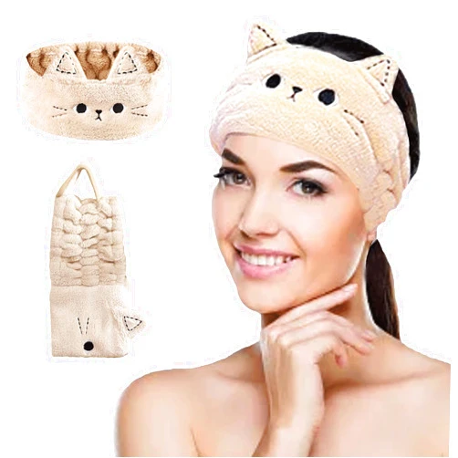 KONVOK Headband for Washing Face Cute, Cat Print Headband for Women Kids, Microfiber Soft Wraps, Adjustable Elastic Hair Band for Facial Spa Makeup, Hairlace for Cosmetic Shower Skincare, Beige
