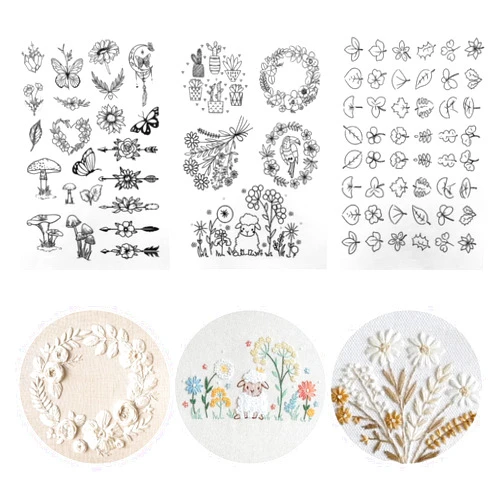 KEIFIN 75 Pcs Stick and Stitch Embroidery Paper Designs 3 Sheets A4 Water Soluble Stabilizer for Embroidery Patterns Adhesive Embroidery Transfer Paper with Pre-Printed Flower Leave Butterfly for Hand Sewing
