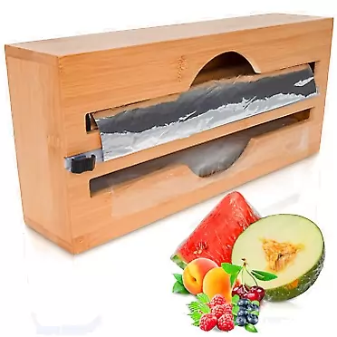 Casamico Bamboo Foil Dispenser with Cutter - 2-in-1 with Built-in Plastic Slicer - Foil Organizer for Drawer - Wrap Dispenser for Cling wrap - Plastic wrap - Aluminum foil Rolls - 13.7''x5.7''x2.9''