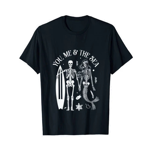Funny Surfing Skeleton Gifts & Stuff Mermaid Skeleton Couple Vintage Island Beach Surfing Surfer T-Shirt