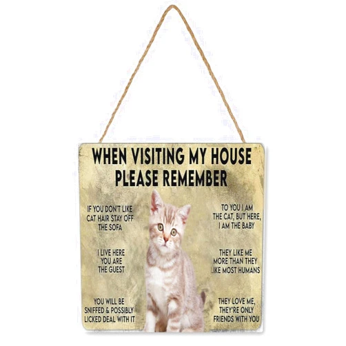 Paskond Vintage Wall Poster Wooden Plaque Funny Cat Sign When Visiting My House Please Remember Wooden Sign Retro Wall Decor for Home Cafes Office Store Pubs Club Sign Gift 10x10 inch Plaque Door Sign