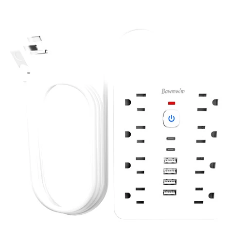 Bawmwim Surge Protector Power Strip - 8 Outlets(1850W/15A/14AWG) 4 USB A（2 USB C, 10FT Flat Plug Extension Cord, Wall Mount Multi Plug Outlet Extender, ETL Listed for Home, Dorm Room