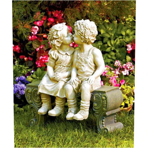 KNL Store Cute Garden Smooching Children Boy Girl Sitting on Bench Statue Whimsical Flowerbed Yard Outdoor Sculpture Decor
