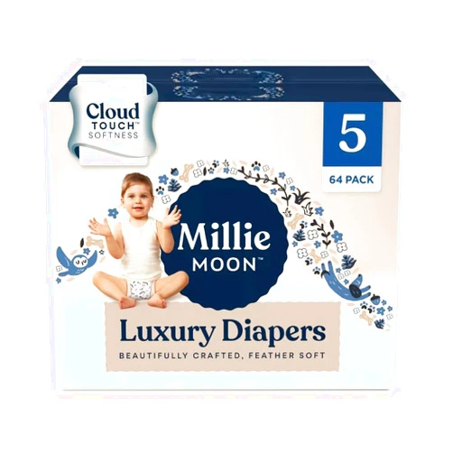Generic Millie Moon Luxury Diapers (Size-5 and Count-64) Diaper Weight Range: 28 to 39 lbs