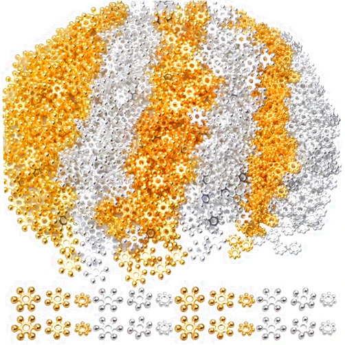 BronaGrand Jewelry Bead Charm Spacers, 600pcs 4mm/6mm/8mm Alloy Flower Jewelry Spacer Beads Metal Beads for DIY Bracelets Necklaces Jewelry Making, Silver and Gold
