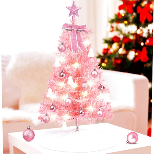 Jesdoo Mini Christmas Tree,24 in/60CM Artificial Small Christmas Tree with Led Lights/Ornaments, Tabletop Christmas Tree for Kids Christmas Decoration Gifts(Pink)