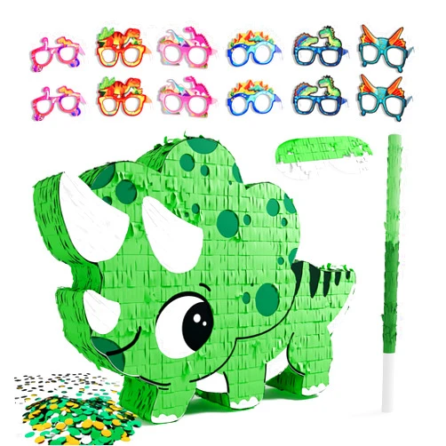 LAKINGO Dinosaur Piñata for Boys,Piñata de Dinosaurio para niños with 12pcs Paper Glasses, Wood Stick, Confetti and Blindfold,Dino Piñata for Birthday Party Decorations（16