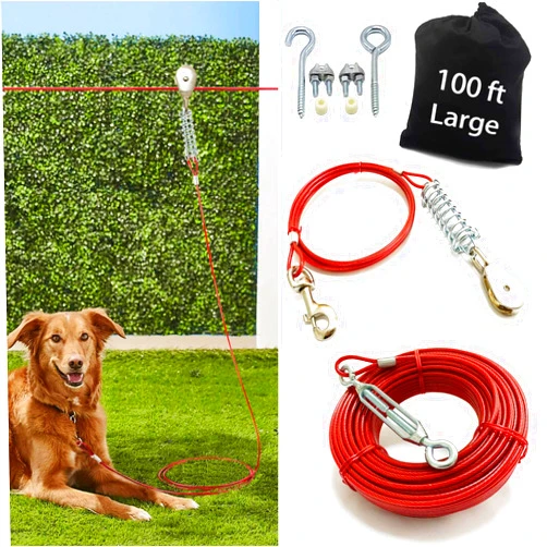Pestairs Heavy Duty Aerial Dog Tie Out Trolley System for Small to Large Dogs - Dog Run Cable 100ft /75ft Zipline with 10ft Runner Cable Great for Yard Camping Outdoor (Red, 75 ft for one Dog up to 125 lbs)