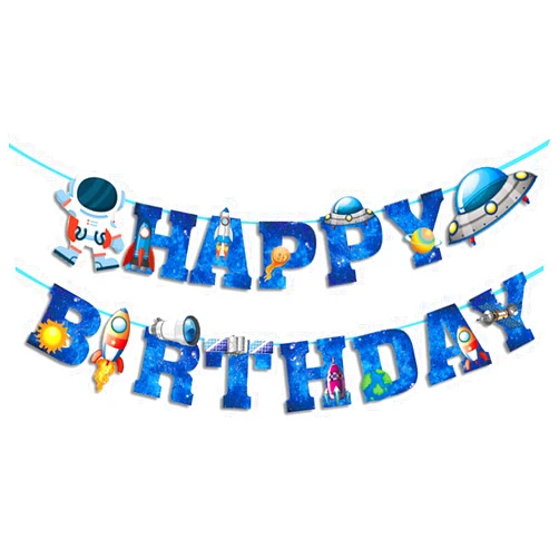 LINGAIXINYUE Space Ship Astronaut Happy Birthday Banner Boys Birthday Party Banner Decoration Blue