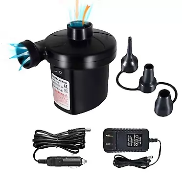 FBve Electric Air Pump, 100-240V AC/12V DC Portable Electric Air Mattress Pump, Quick-Fill Inflator/ Deflator with 3 Nozzles for Outdoor Camping, Inflatable Cushions, Air Mattress Beds, Boat 1.2 Meters