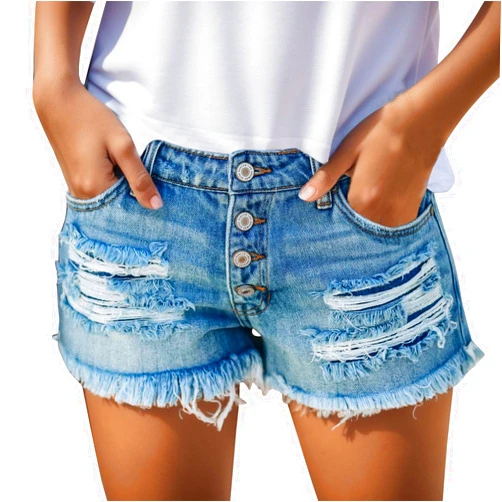 Generic Women's Casual High Waisted Ripped Denim Shorts Folded Hem Stretch Jeans Shorts