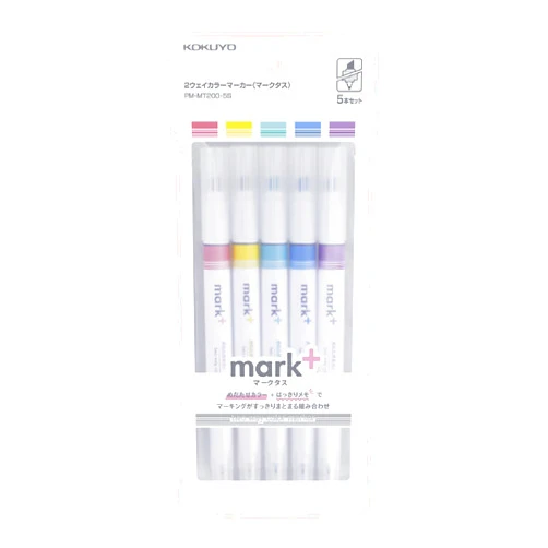 KOKUYO Mark+ Two Way Color Marker, 5-Pack(Pink, Blue, Green, Purple, and Yellow) PM-MT200-5S