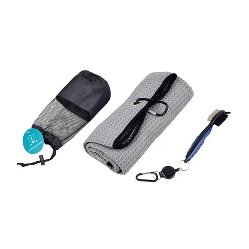 Mr Towels Golf Towel Clean Set with Microfiber Waffle Pattern Tri-fold Golf Towel with Bag Clip and Brush Tool Kit with Club Groove Cleaner (Gray)