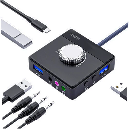PEIYUI Max External Sound Card, USB Audio Adapter for PC Windows, Mac, Linux, Laptops, Desktops, Stereo Sound Card with 3.5mm Interface & USB Interface, Volume Control, Plug & Play (6-in-1, Black)