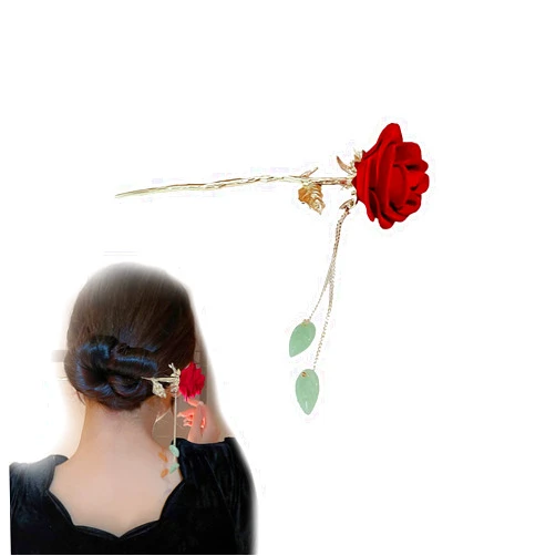 Generic Vintage Rose Flower Hair Clips Chinese Style Flocked Flowers Hair Sticks Metal Leaves Pearl Tassel Hairpin Pendant Hair Accessories Chinese Retro Hair Fork Flower Decor Fashion Jewelry For Women(fugu red)