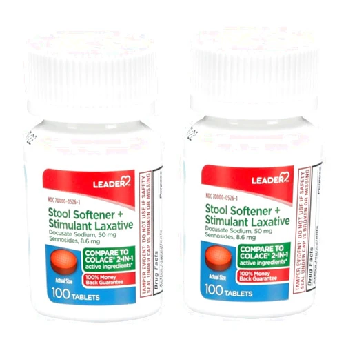 LEADER 2-in-1 Stool Softener & Stimulant Laxative, Docusate Sodium 50mg, Sennosides 8.6 mg, Gentle Occasional Constipation Relief for Adults, Both Men & Women, & Children Ages 6+, 100 Tablets 2-Pack