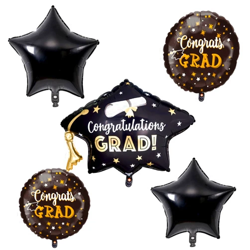 Domgoge 5Pcs Graduation Foil Balloons Class of 2024 Congrats Grad Mylar Balloons Decorations Set with Black Diploma Bachelor Cap Star Aluminum Helium Balloons for College Congratulations Graduate Party Decor