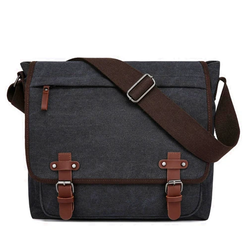 LUNLOPIK Mens Canvas Messenger Bag Vintage 15.6 Inch Laptop Satchel Bags Fits Computer and Tablet, Black Briefcase Shoulder Bag for Work College Travel, Black