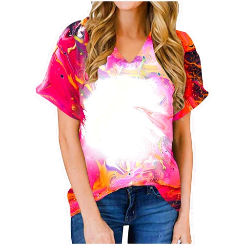 Generic Women's Blank Bleached Shirt for Sublimation Summer Short Sleeve V Neck Blouse Tshirt Polyester Top Sublimation Ready