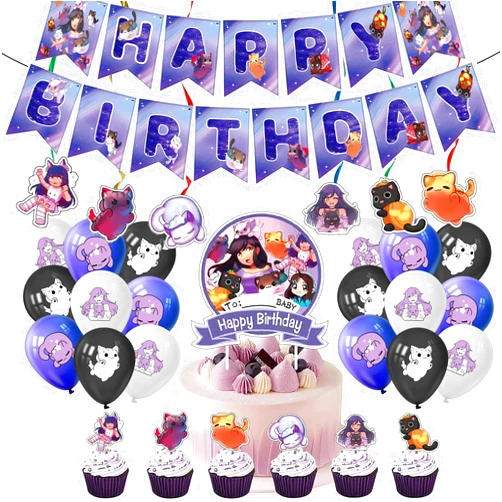 Jlemon 50 pcs Aph-mau Cat Game Themed Birthday Party Supplies Decorations Set with Banner, Balloons, Hanging Swirls, Cake Cupcake Toppers for Boys Girls Aph-mau Cat Game Theme Party Favor