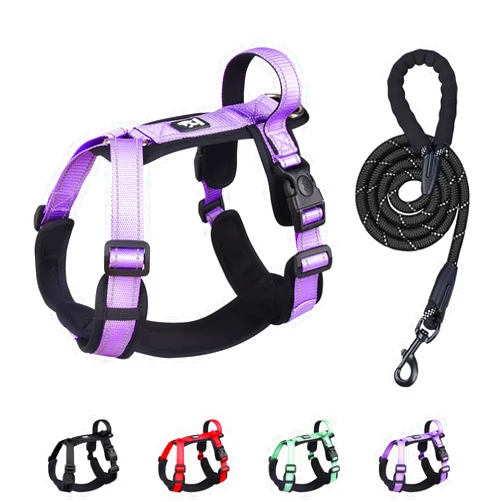 Patas Lague No Pull Dog Harness for Small Medium Dogs, Soft Adjustable Step in No Choke Dog Harness and Leash Set, Reflective Solid Dog Vest Harness with Buckle Lock, Purple L