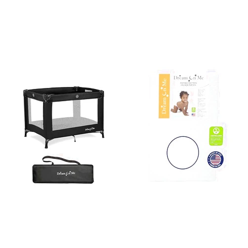 Dream On Me Nest Portable Play Yard with Carry Bag and Shoulder Strap, Black & Holly 3” Fiber Portable, Greenguard Gold Certified, Waterproof Vinyl Cover, Lightweight Mini Crib Mattress, White