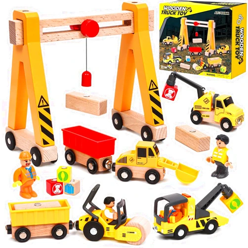 Atoylink 15PCS Kids Wooden Construction Toys with Magnetic Train Cars, Gantry Crane Bulldozer Roller Tow Truck Construction Site Vehicles Playset Gifts for 3 4 5 6 Year Old Toddlers Boys