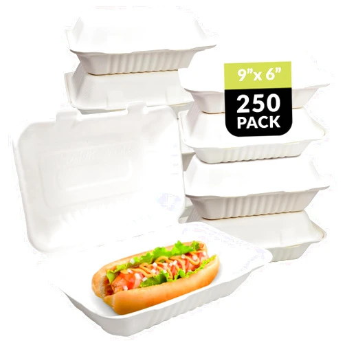 Klex Eco-Friendly Clamshell Takeout Food Containers [9x6-Inch, 250-Pack], Microwave Freezer Safe, Made from Bamboo & Sugarcane, 9