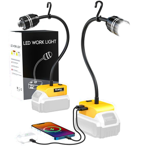Ecarke LED Work Light with Flexible Gooseneck for DeWALT 20V Battery: 20W 2000LM LED Light Flood Light,Zoomable Flexible Led Battery Flashlight,Job Site Lighting with USB & Type-C Charging Port(2PCS)