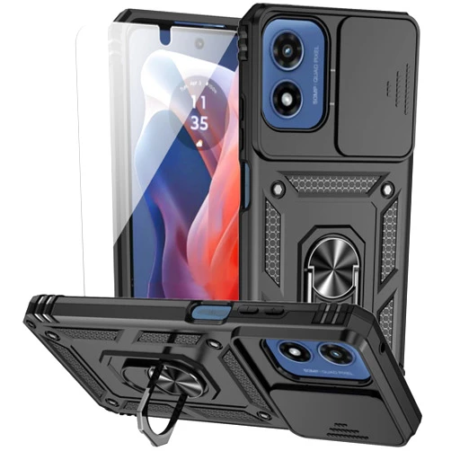 M MAIKEZI for Motorola Moto G 5G 2024 / Moto G Play 5G 2024 Case with Camera Lens Cover HD Screen Protector, Dual Layer Military-Grade Drop Tested Magnetic Ring Holder Kickstand Protective Phone Case (Black)