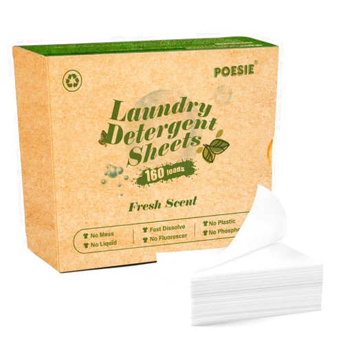 Poesie Laundry Detergent Sheets Fresh Scent 160 Sheets Clear Plastic-Free Hypoallergenic Liquid Less Sheets for Home Dorm Travel Camping & Hand Washing Clean No Waste