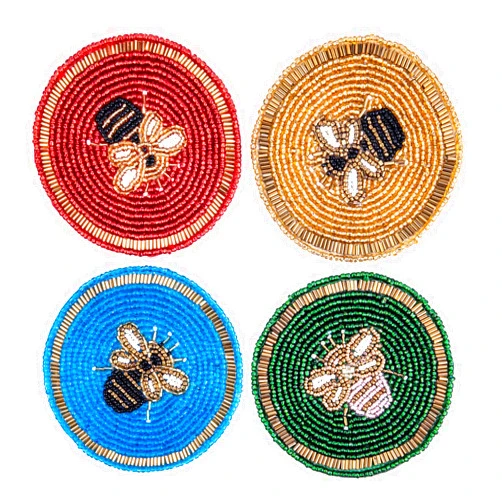 STP GOODS Handmade Beaded Coaster Bee Set of 4 (Green, Blue, Red, Gold), 453924