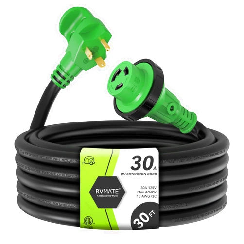 RVMATE 30 Feet 30 Amp RV Lockable Power Extension Cord with Easy Plug-in Handle, TT-30P to L5-30R, LED Indicator, 10 AWG, ETL Listed