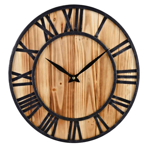 Red Oak 16-Inch Rustic Vintage Metal & Wood Silent Non-Ticking Decorative Wall Clock with Large Roman Numerals