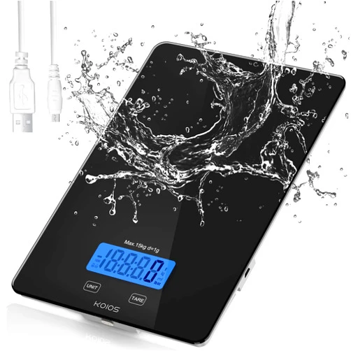 KOIOS Food Scale, 33lb/15Kg Digital Kitchen Scale for Food Ounces Grams Cooking Baking, 1g/0.1oz Precise Graduation, Waterproof Tempered Glass, USB Rechargeable, 6 Weight Units,No AAA Battery Included