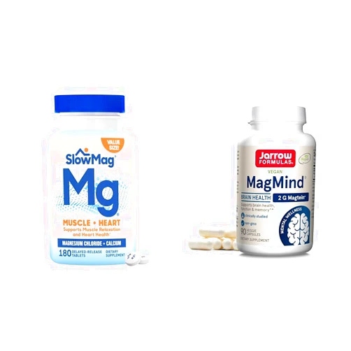 Slow-Mag SlowMag Muscle + Heart Magnesium Chloride with Calcium Supplement to Support Muscle Relaxation & Jarrow Formulas MagMind Brain Health with Magtein (Magnesium L-Threonate), Dietary Supplement