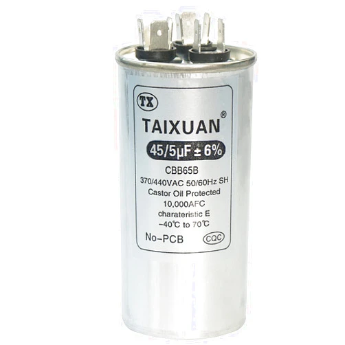 TAIXUAN 45/5 uF Capacitor 45+5 MFD 370V/440VAC CBB65 Round Dual Run Start AC Capacitors for Air Conditioner AC Unit Fan Motor Start or Heat Pump or Condenser Straight