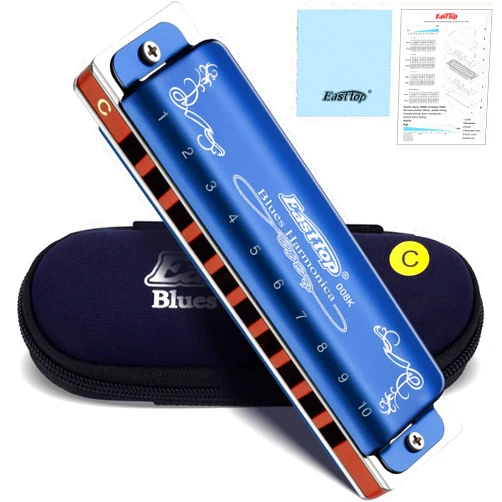 East top Harmonica, Diatonic Blues Harmonica Key of C, Blues Harp Mouth Organ Harmonica 10 Holes 008K with Blue Case, Standard Harmonica For Adults, Professionals, Beginners and Students, as a Gift