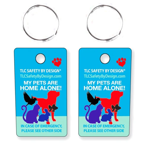TLC Safety By Design My Pets Dog Cat are Home Alone Emergency Alert I.D. 2 Pk. Plastic Key Tags with Contact Call Card (Standard Set of 2, Pets Home Alone Key Tag Set)