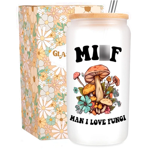 Fairy's Gift Mushroom Cup, Cute Frosted Coffee Glass Cups w/Lids Straws, Cute Fungi Themed Mug Tumbler Stuff, Mushroom Gifts for Women - Mothers Day Funny Gifts for Fungi Lovers, Mom, Pregnant Friend