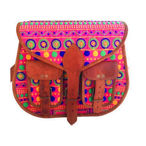 PNCO'' Leather Handmade Embroidery Brown Bag With Adjustable Shoulder Strap made by Canvas Lining