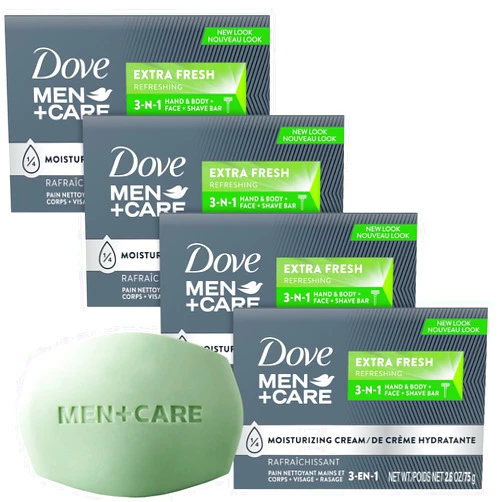 Dove Soap Bar for Men, Men+Care Extra Fresh Scent, 4-Pack – Hydrating 3-in-1 Body, Hand, and Face Cleanser for Men, 2.6 Oz Ea