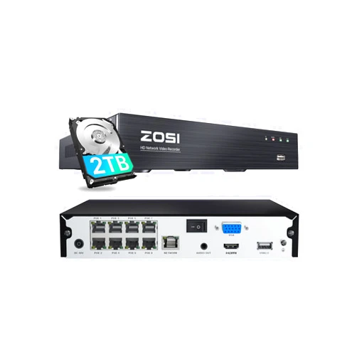 ZOSI 4K 8CH PoE NVR, H.265+ 8 Ports 16 Channel 8MP Network Video Recorder for Home Surveillance System, Pre-Installed 2TB Hard Drive, 24/7 Recording, Only Work with 4K/5MP/3MP HD ZOSI PoE Cameras