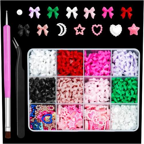 Sinyanail 3D Bow Nail Charms Pearls Set - Resin Bow Knot Nail Stud,Hollow Pearly Star Heart Moon Nail Art Charms, Flatback Pearls with Pickup Tweezer and Pencil for Nail Art (Ribbon Bow)