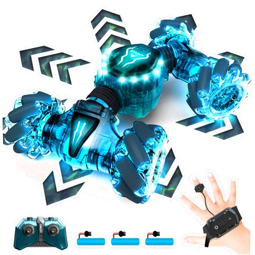 Tecnock Remote Control Car RC Cars for Boys Girls, 2.4GHz 4WD Gesture Sensing RC Stunt Car Toys - 360° Rotating Double Sided Hand Controlled RC Car with Lights, Gifts for Kids