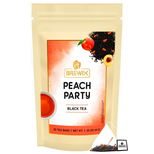 BREWIX, Peach Party (22 Pyramid Tea Bags) | Black Tea with Peach | Premium Black Tea with Peach | Floral & Refreshing Peach Tea Bags | Iced Tea Bags | Caffeinated And Sugar-Free